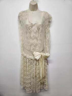 Vintage 80s Glenrob Women's Ivory Lace Sheer Drop Waist Midi Dress, Sz 9/10 Sm/M